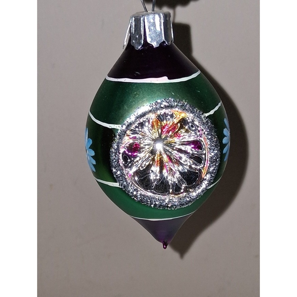 Vintage Glass Reflector Indent Christmas Ornament Hand Painted Floral 3"